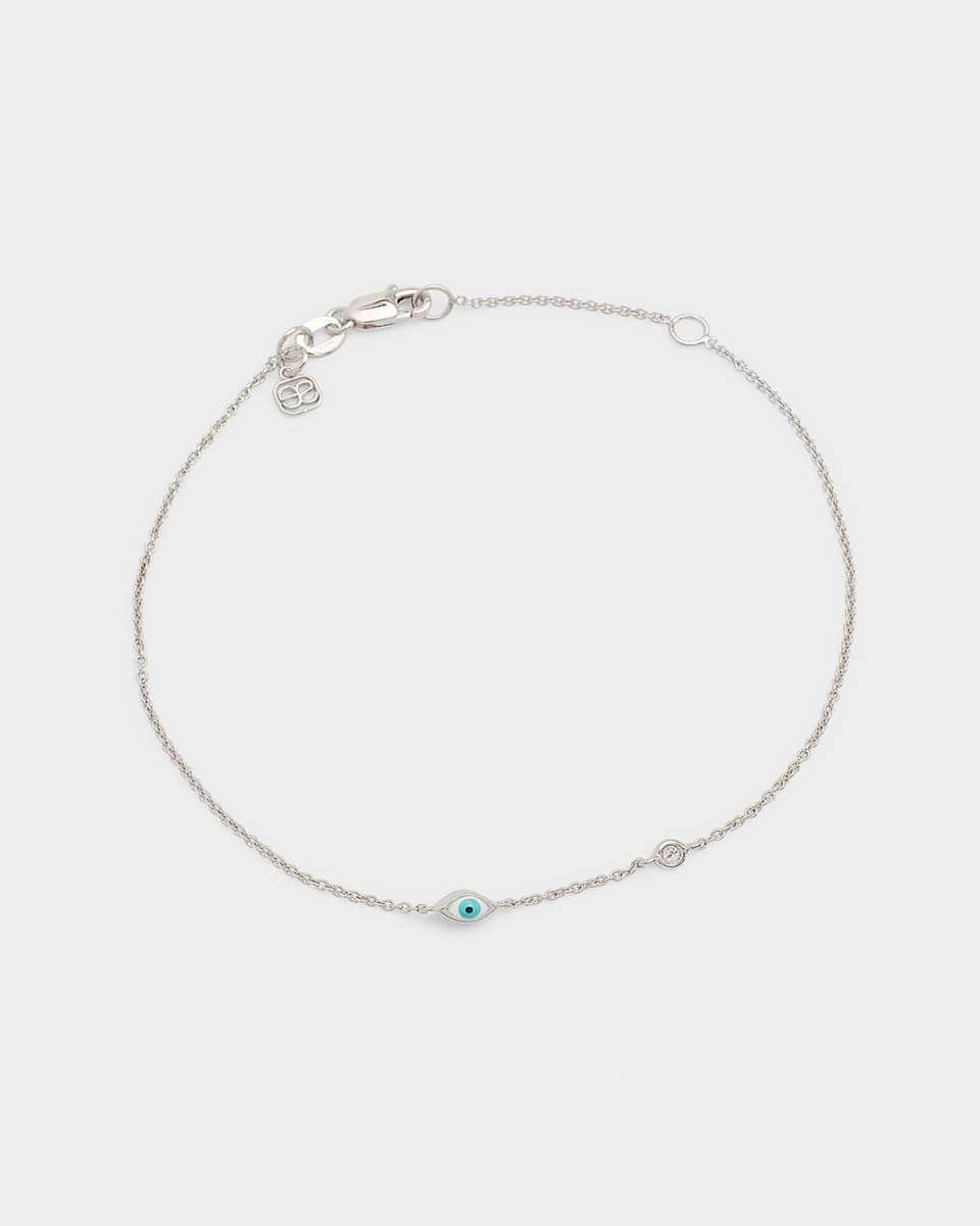 14k White Gold Mini Enamel Evil Eye Bracelet w/ Diamond